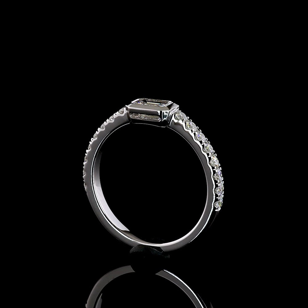 14K White Gold East-West Emerald Cut Lab Diamond Solitaire Ring with Brilliant Cut Diamond Shank - 0.74 Carats Total Diamond Weight - Covaloro Fine Jewelry