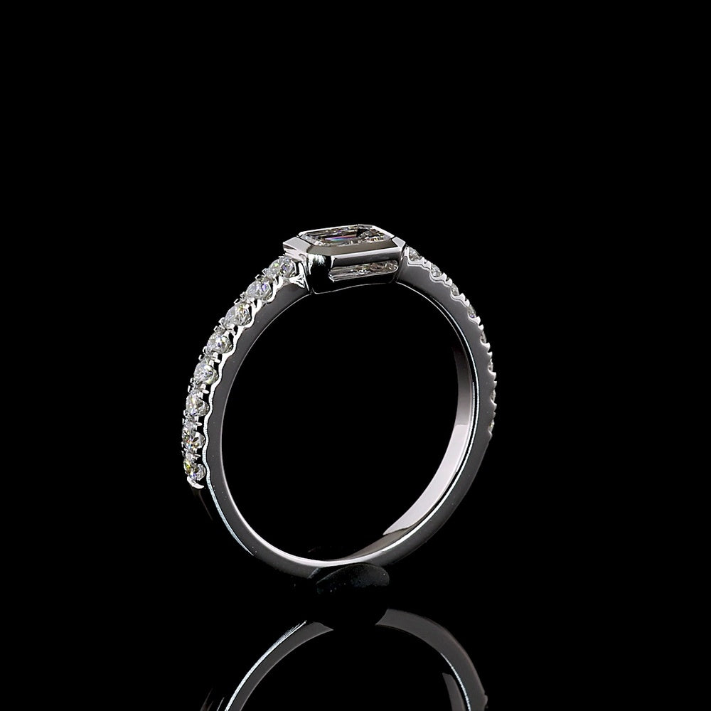 14K White Gold East-West Emerald Cut Lab Diamond Solitaire Ring with Brilliant Cut Diamond Shank - 0.74 Carats Total Diamond Weight - Covaloro Fine Jewelry