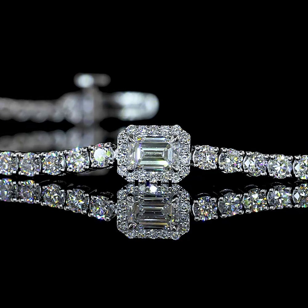 14K White Gold East-West Emerald Cut Lab Diamond Station Line Tennis Bracelet - 2.95 Carat Total Diamond Weight - Covaloro Fine Jewelry
