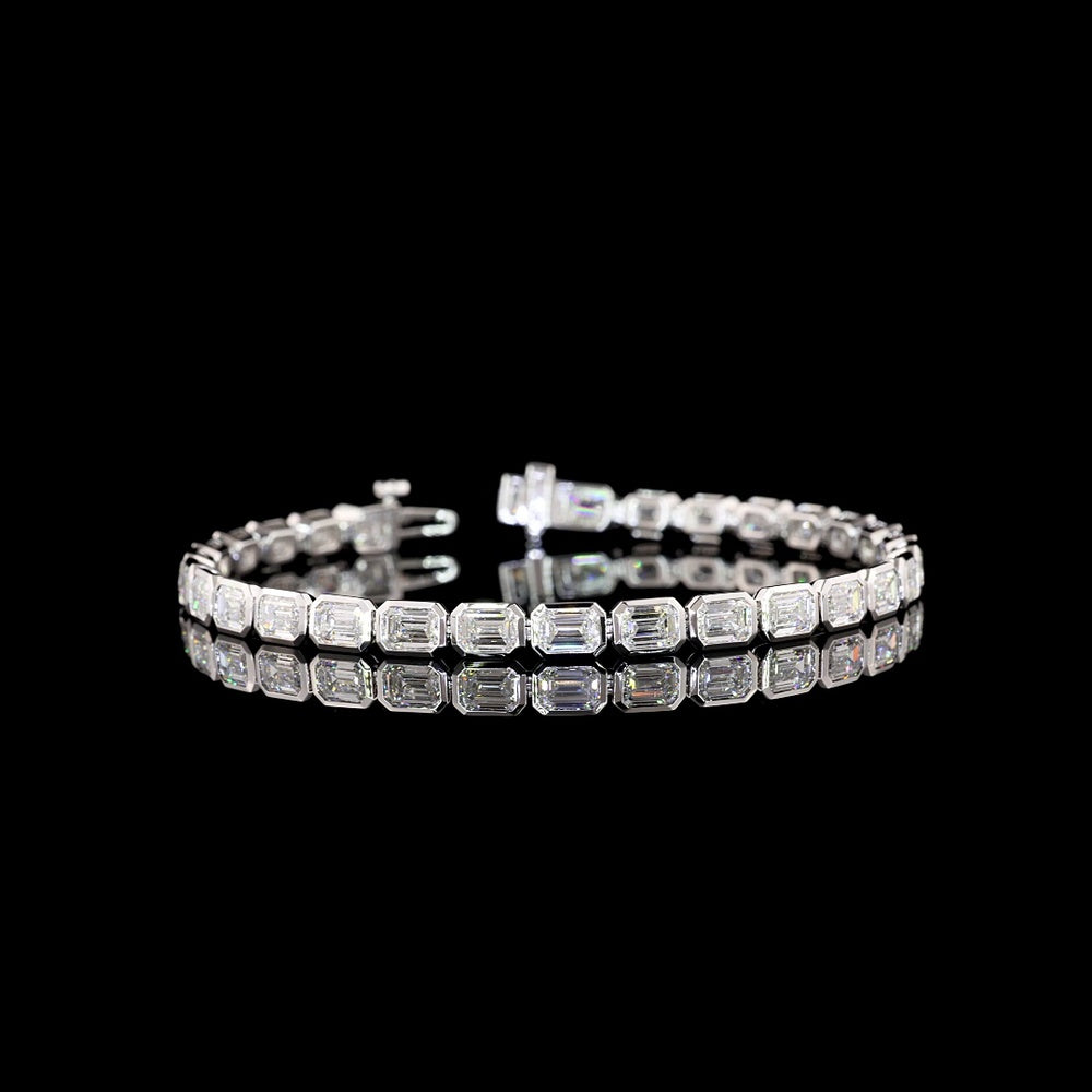 14K White Gold East-West Emerald Cut Lab Diamond Tennis Bracelet - 9.92 Carats Total Diamond Weight (E-F Color, VS1 Clarity, Bezel Set, 30 Stones) - Covaloro Fine Jewelry