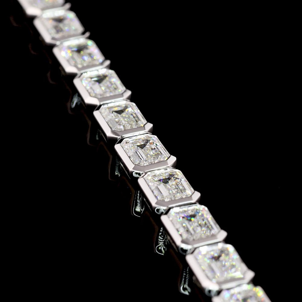 14K White Gold East-West Emerald Cut Lab Diamond Tennis Bracelet - 9.92 Carats Total Diamond Weight (E-F Color, VS1 Clarity, Bezel Set, 30 Stones) - Covaloro Fine Jewelry