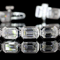 14K White Gold East-West Emerald Cut Lab Diamond Tennis Bracelet - 9.92 Carats Total Diamond Weight (E-F Color, VS1 Clarity, Bezel Set, 30 Stones) - Covaloro Fine Jewelry