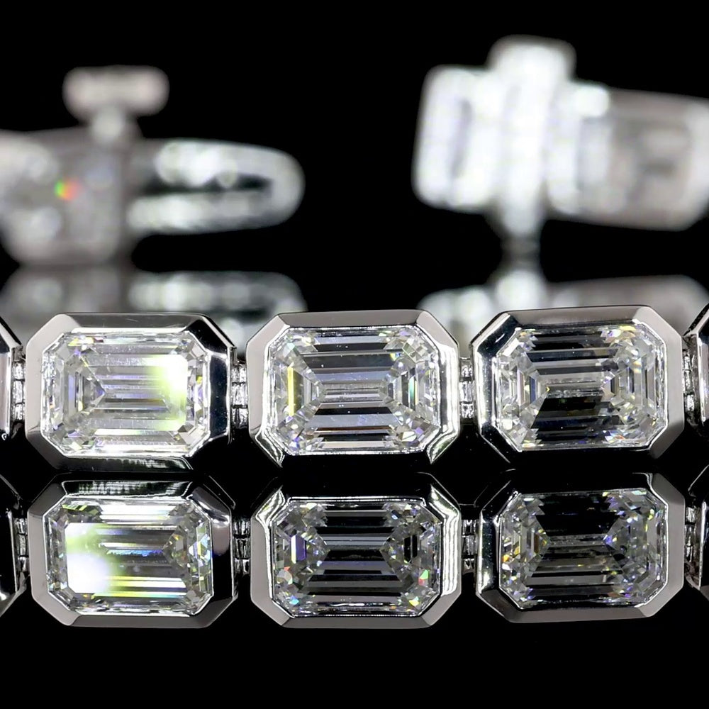 14K White Gold East-West Emerald Cut Lab Diamond Tennis Bracelet - 9.92 Carats Total Diamond Weight (E-F Color, VS1 Clarity, Bezel Set, 30 Stones) - Covaloro Fine Jewelry