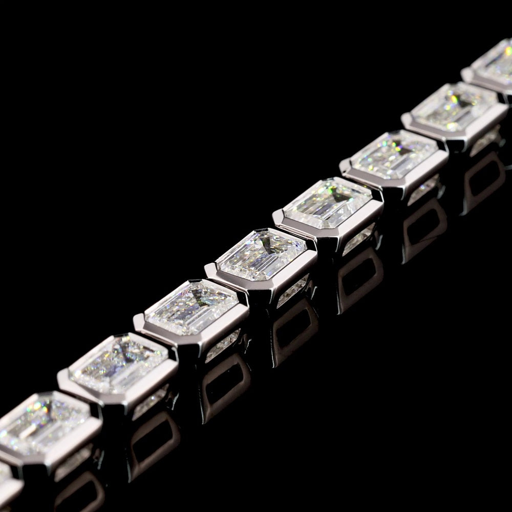 14K White Gold East-West Emerald Cut Lab Diamond Tennis Bracelet - 9.92 Carats Total Diamond Weight (E-F Color, VS1 Clarity, Bezel Set, 30 Stones) - Covaloro Fine Jewelry