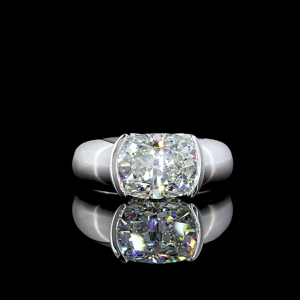 14K White Gold East-West Half Bezel Cushion Brilliant Cut Lab Diamond Solitaire Ring - 3.29 Carat Total Diamond Weight - Covaloro Fine Jewelry