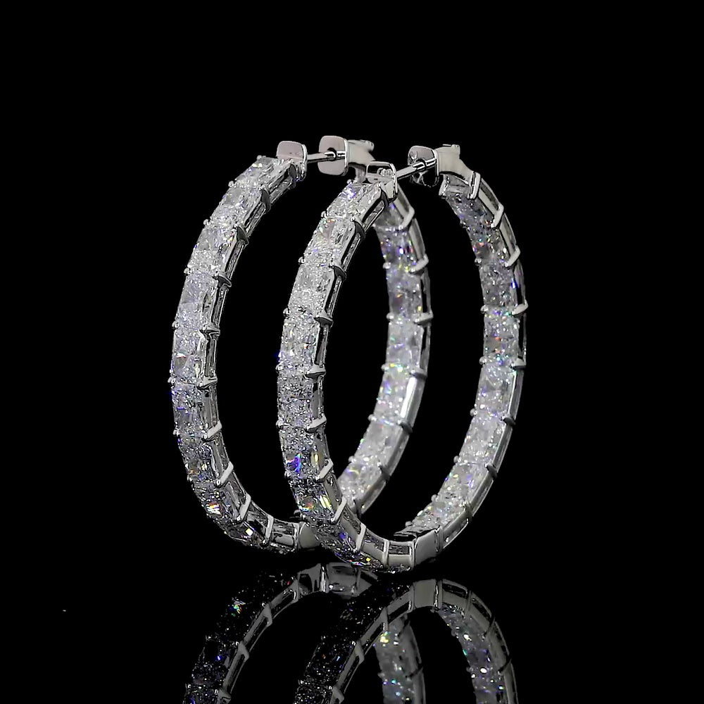 14K White Gold East-West Large Hoop Earrings with Prong Set Radiant Cut Lab Diamonds - 12.29 Carat Total Weight - Covaloro Fine Jewelry