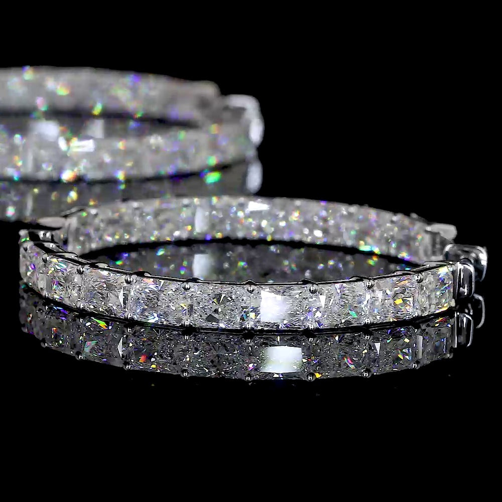 14K White Gold East-West Large Hoop Earrings with Prong Set Radiant Cut Lab Diamonds - 12.29 Carat Total Weight - Covaloro Fine Jewelry