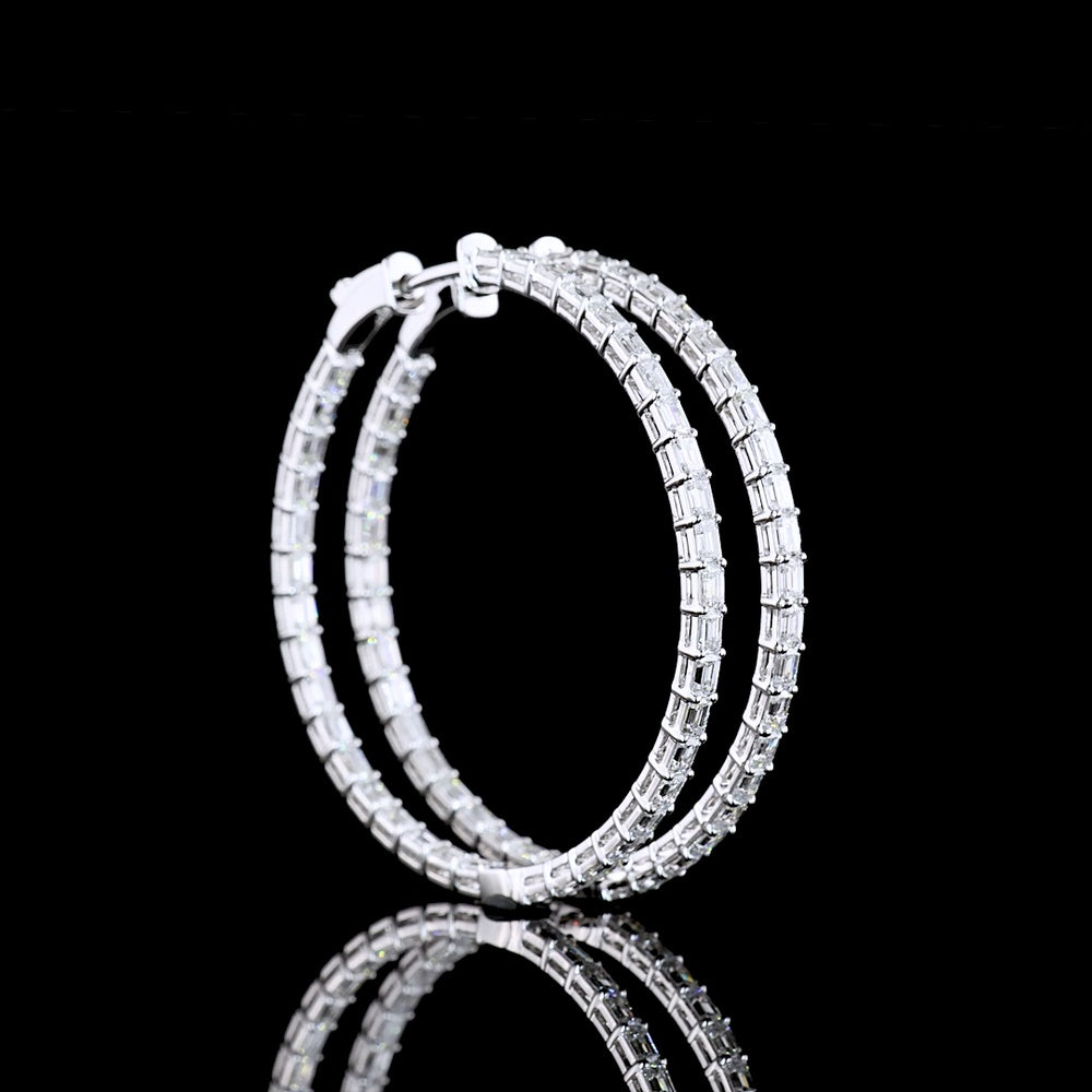 14K White Gold East-West Medium Hoop Earrings with Emerald Cut Lab Diamonds - 3.31 Carat Total Weight - Covaloro Fine Jewelry