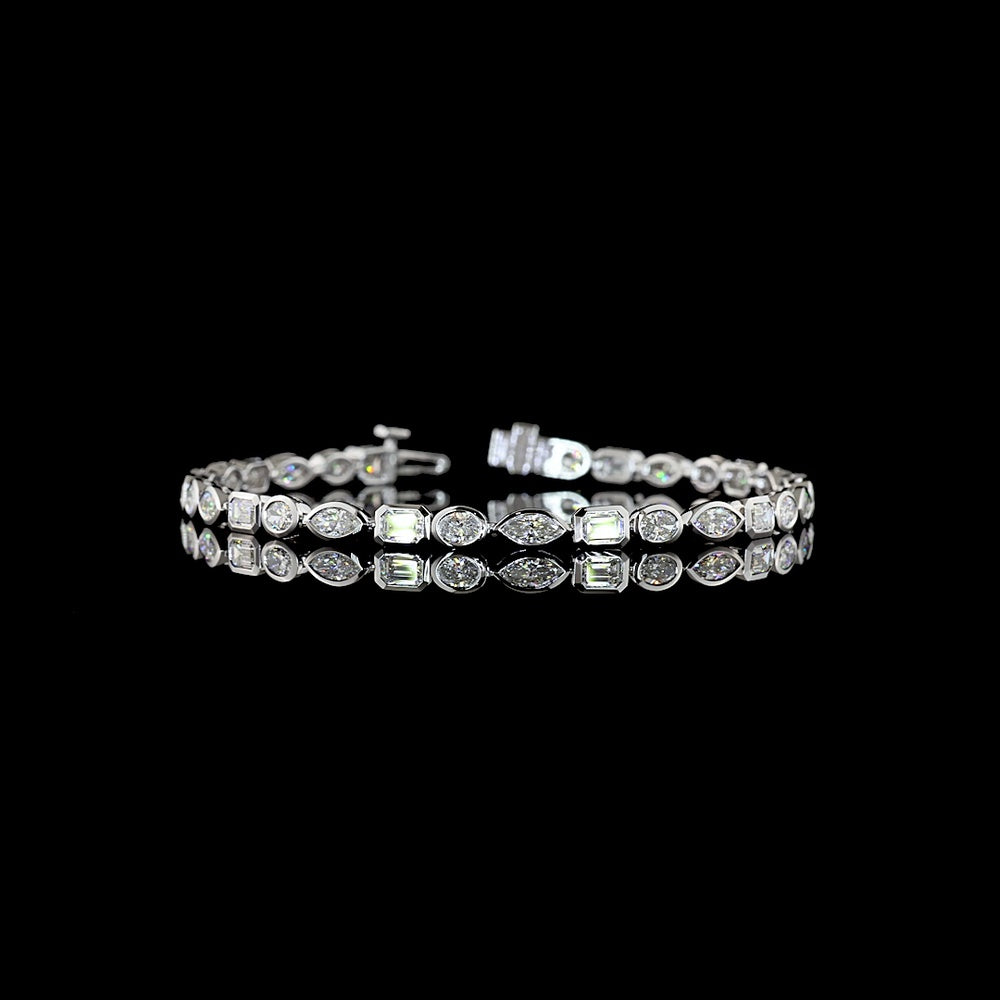 14K White Gold East-West Mixed Shape Tennis Bracelet with Bezel Set Emerald, Marquise, and Oval Lab Diamonds - 5.22 Carats Total Diamond Weight - Covaloro Fine Jewelry