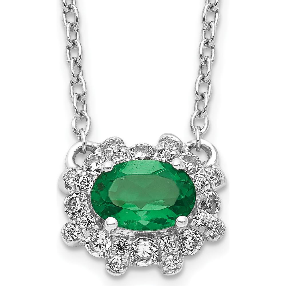 14K White Gold East-West Oval Emerald Necklace with Diamond Halo - 0.42 Carat Emerald, 0.02 Carat Diamond by Monteluci Fine Jewelry