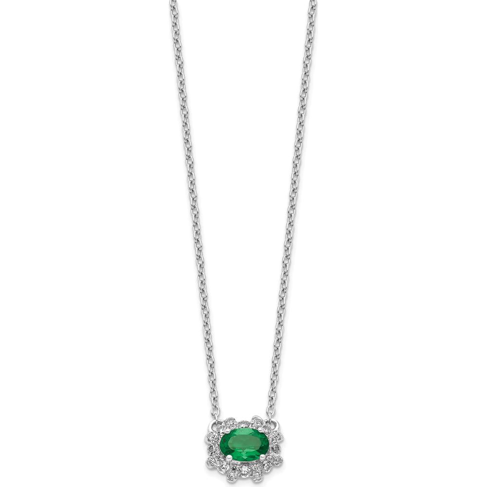 14K White Gold East-West Oval Emerald Necklace with Diamond Halo - 0.42 Carat Emerald, 0.02 Carat Diamond by Monteluci Fine Jewelry
