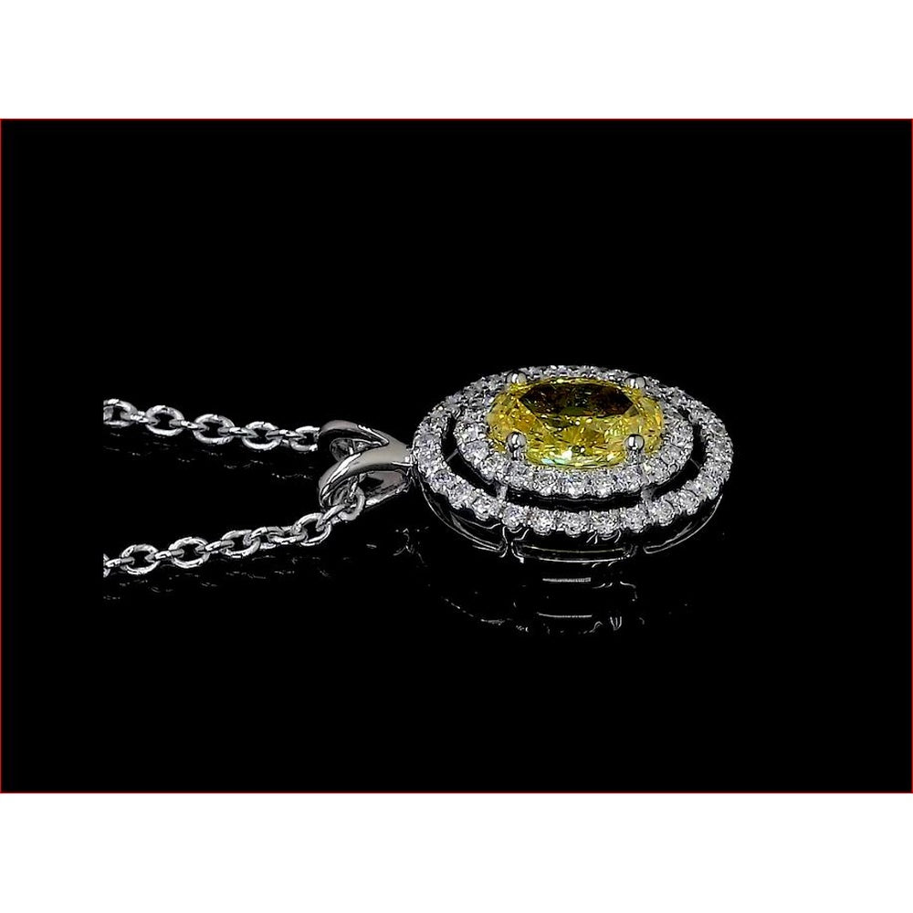 14K White Gold East-West Oval Fancy Yellow Lab Diamond Double Halo Pendant - 0.68 Carat Total Diamond Weight - Covaloro Fine Jewelry