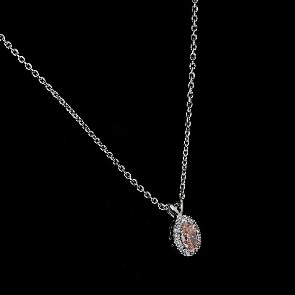 14K White Gold East-West Oval Halo Pendant with 0.35 Carat Fancy Orangy Pink Lab Diamond and 0.09 Carat White Diamond Accents - IGI Certified - Covaloro Fine Jewelry