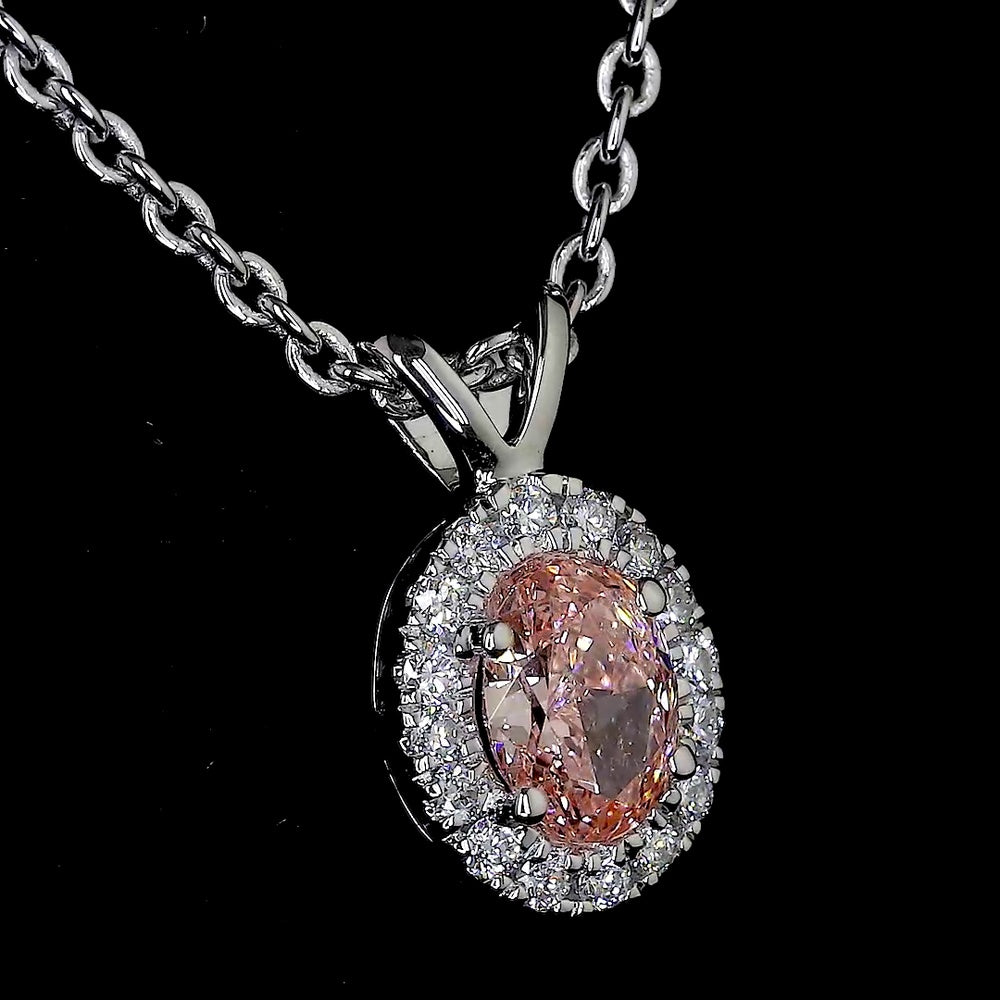 14K White Gold East-West Oval Halo Pendant with 0.35 Carat Fancy Orangy Pink Lab Diamond and 0.09 Carat White Diamond Accents - IGI Certified - Covaloro Fine Jewelry
