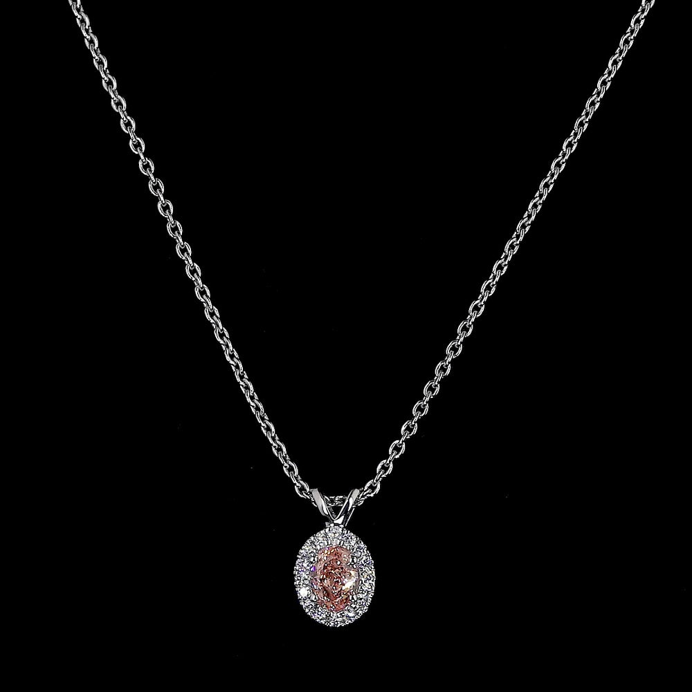 14K White Gold East-West Oval Halo Pendant with 0.35 Carat Fancy Orangy Pink Lab Diamond and 0.09 Carat White Diamond Accents - IGI Certified - Covaloro Fine Jewelry