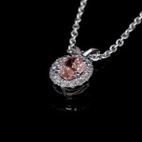 14K White Gold East-West Oval Halo Pendant with 0.35 Carat Fancy Orangy Pink Lab Diamond and 0.09 Carat White Diamond Accents - IGI Certified - Covaloro Fine Jewelry