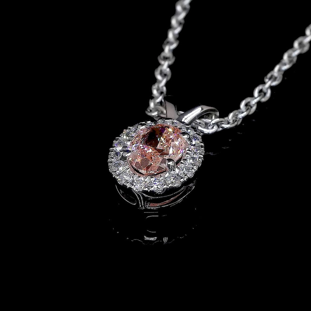 14K White Gold East-West Oval Halo Pendant with 0.35 Carat Fancy Orangy Pink Lab Diamond and 0.09 Carat White Diamond Accents - IGI Certified - Covaloro Fine Jewelry