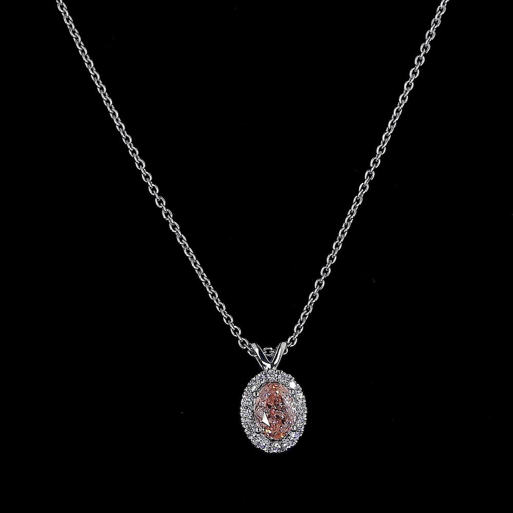 14K White Gold East-West Oval Halo Pendant with Fancy Orangy Pink Lab Diamond and White Diamond Accents - 0.81 Carats Total Diamond Weight - Covaloro Fine Jewelry