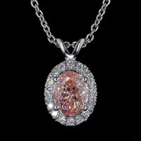 14K White Gold East-West Oval Halo Pendant with Fancy Orangy Pink Lab Diamond and White Diamond Accents - 0.81 Carats Total Diamond Weight - Covaloro Fine Jewelry