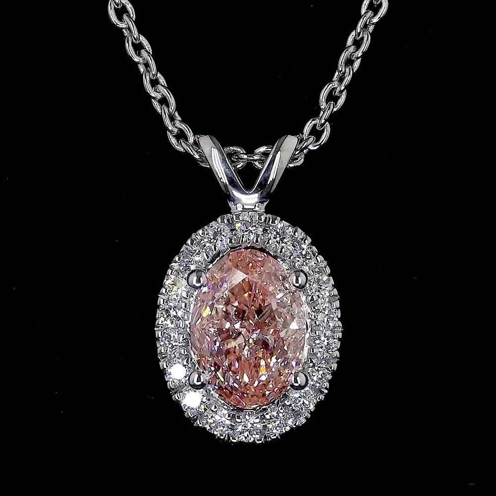 14K White Gold East-West Oval Halo Pendant with Fancy Orangy Pink Lab Diamond and White Diamond Accents - 0.81 Carats Total Diamond Weight - Covaloro Fine Jewelry
