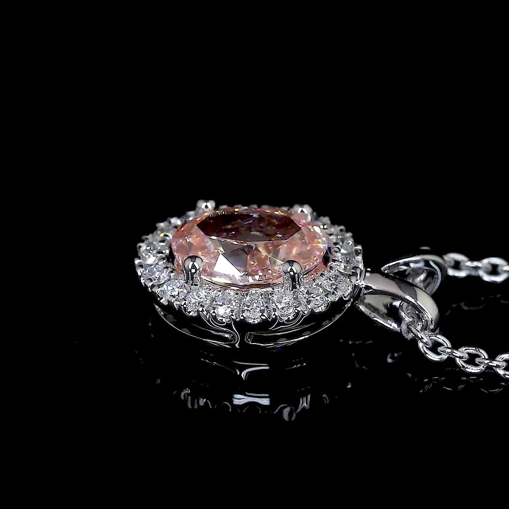 14K White Gold East-West Oval Halo Pendant with Fancy Orangy Pink Lab Diamond and White Diamond Accents - 0.81 Carats Total Diamond Weight - Covaloro Fine Jewelry