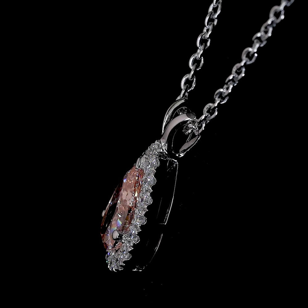 14K White Gold East-West Pear Halo Pendant with 0.51 Carat Fancy Orangy Pink Lab Diamond and 0.11 Carat Round Diamond Accents - 0.62 Carat Total Diamond Weight - Covaloro Fine Jewelry