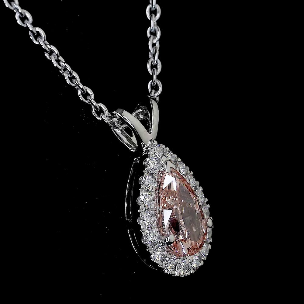 14K White Gold East-West Pear Halo Pendant with 0.51 Carat Fancy Orangy Pink Lab Diamond and 0.11 Carat Round Diamond Accents - 0.62 Carat Total Diamond Weight - Covaloro Fine Jewelry