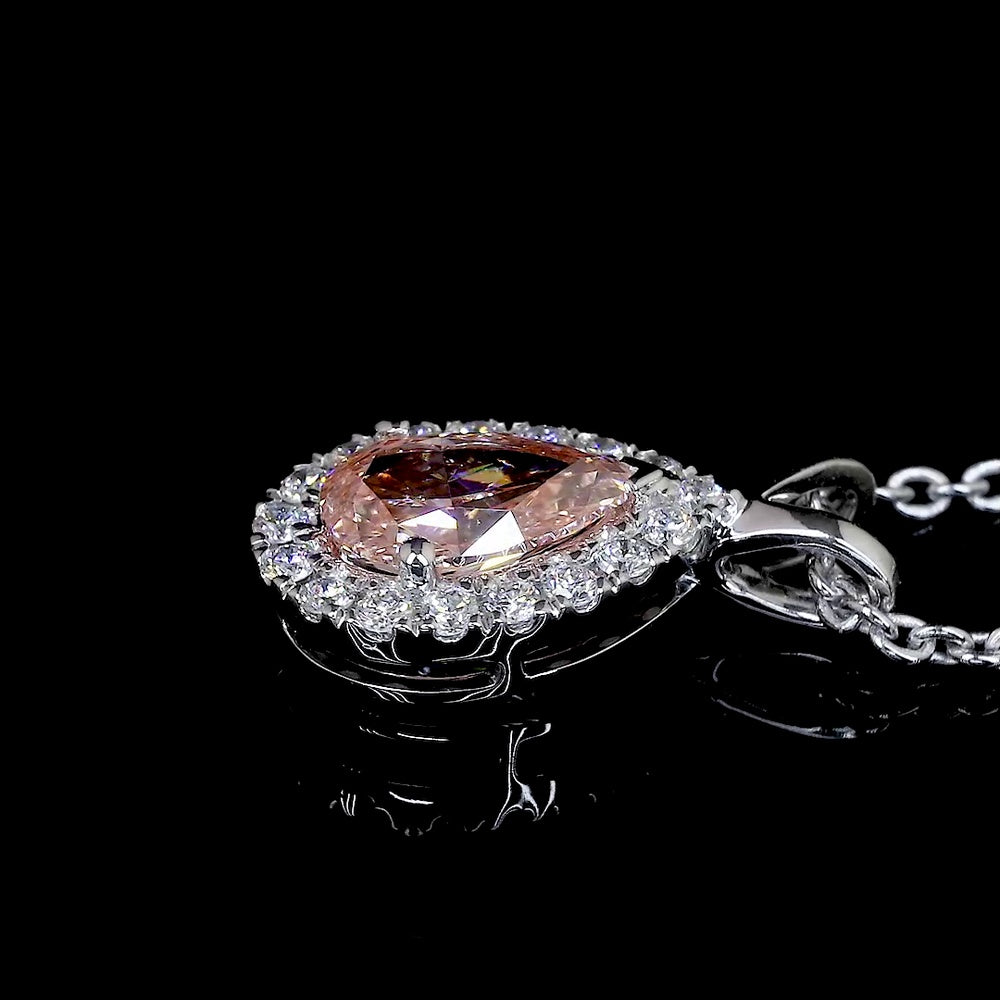 14K White Gold East-West Pear Halo Pendant with 0.51 Carat Fancy Orangy Pink Lab Diamond and 0.11 Carat Round Diamond Accents - 0.62 Carat Total Diamond Weight - Covaloro Fine Jewelry