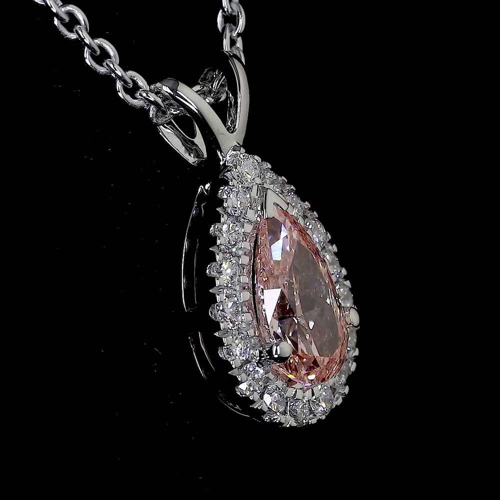 14K White Gold East-West Pear Shape Halo Pendant with Fancy Intense Orangy Pink Lab Diamond and White Diamond Accents - 0.57 Carat Total Diamond Weight - Covaloro Fine Jewelry