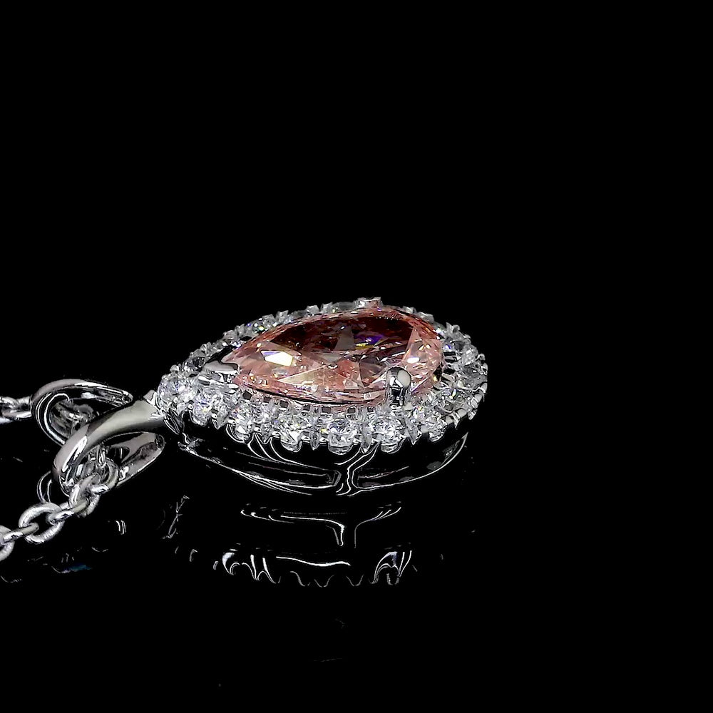 14K White Gold East-West Pear Shape Halo Pendant with Fancy Intense Orangy Pink Lab Diamond and White Diamond Accents - 0.57 Carat Total Diamond Weight - Covaloro Fine Jewelry
