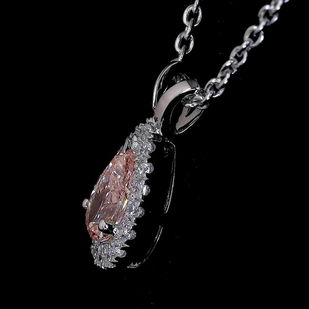14K White Gold East-West Pear Shape Halo Pendant with Fancy Orangy Pink Lab Diamond and 0.44 Carat Total Diamond Weight - Covaloro Fine Jewelry