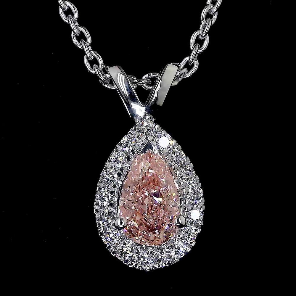 14K White Gold East-West Pear Shape Halo Pendant with Fancy Orangy Pink Lab Diamond and 0.44 Carat Total Diamond Weight - Covaloro Fine Jewelry