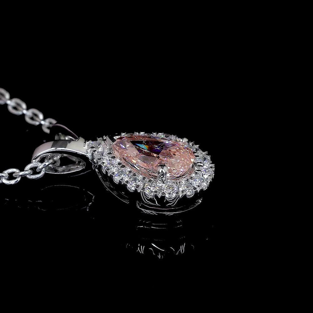 14K White Gold East-West Pear Shape Halo Pendant with Fancy Orangy Pink Lab Diamond and 0.44 Carat Total Diamond Weight - Covaloro Fine Jewelry