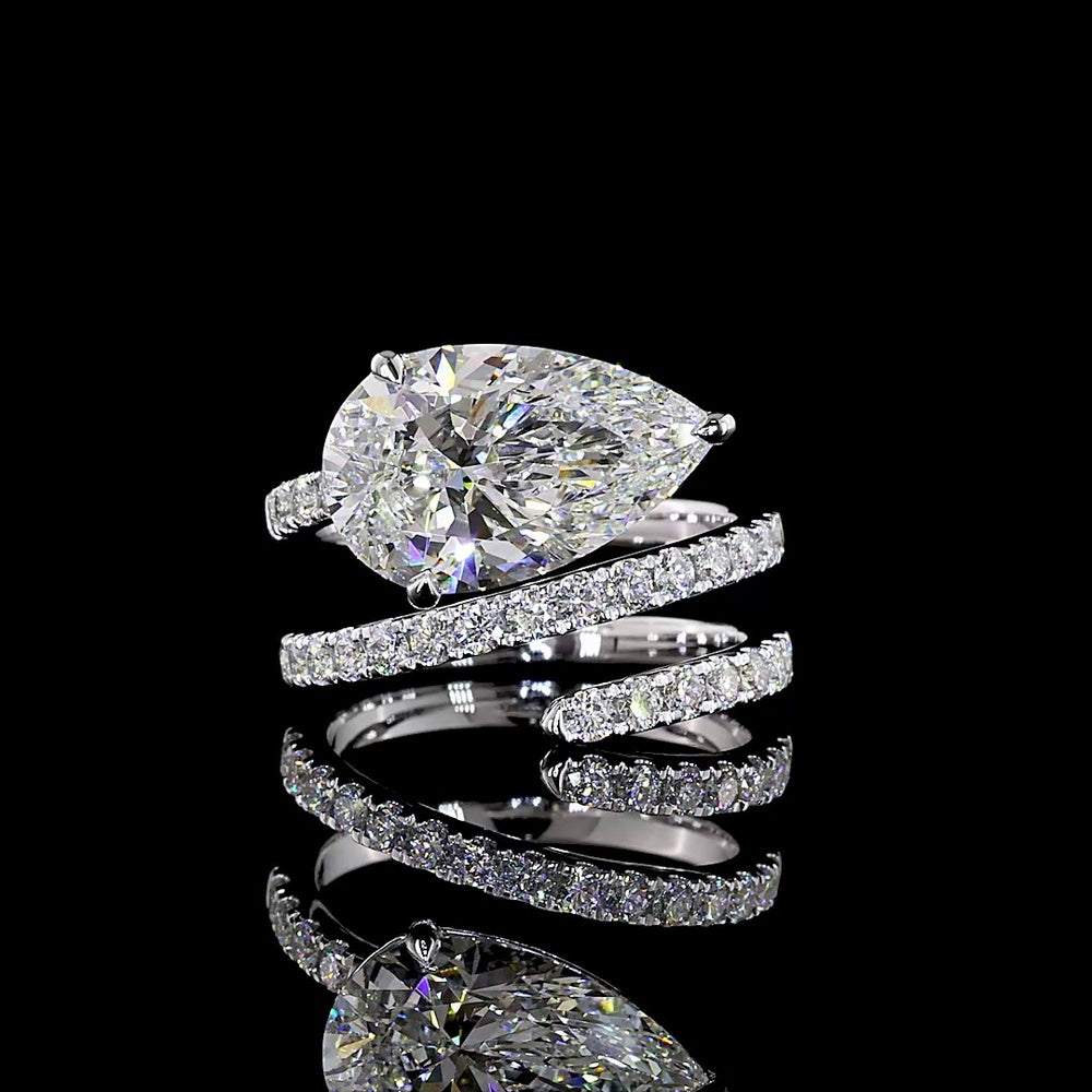 14K White Gold East-West Pear Shape Solitaire Ring with 5.85 Total Carat Lab Diamonds (5.12 Carats Center) - IGI Certified E VS1 - Covaloro Fine Jewelry