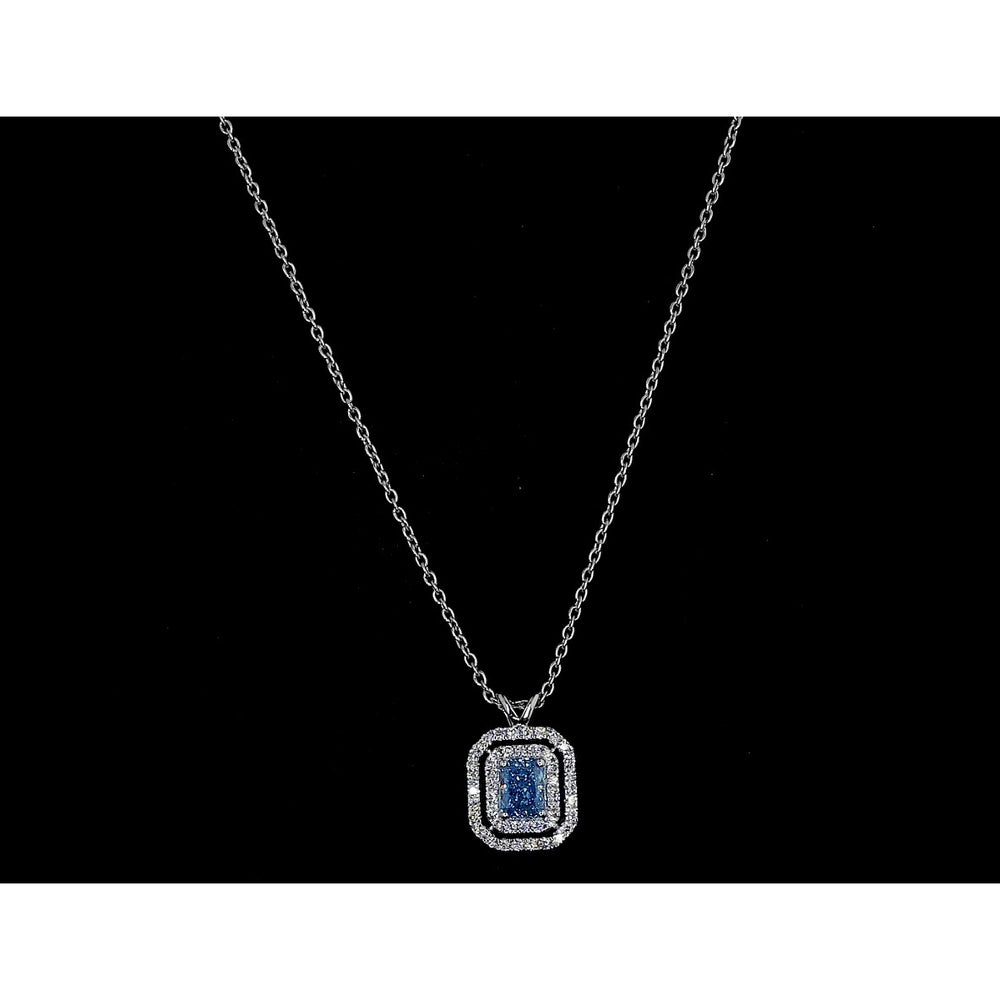 14K White Gold East-West Radiant Cut Double Halo Pendant with Fancy Vivid Blue Lab Diamond - 0.72 Total Carat Weight - Covaloro Fine Jewelry