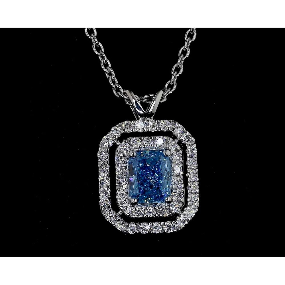 14K White Gold East-West Radiant Cut Double Halo Pendant with Fancy Vivid Blue Lab Diamond - 0.72 Total Carat Weight - Covaloro Fine Jewelry