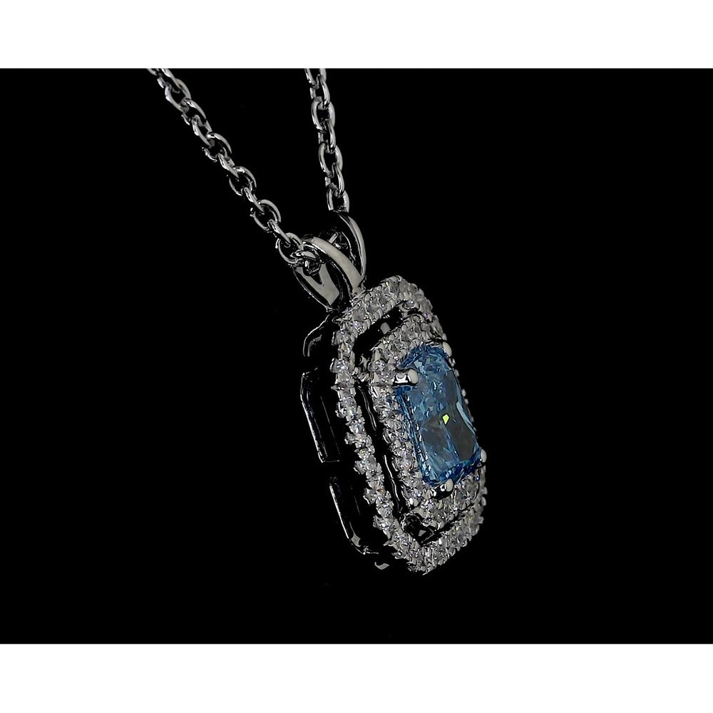 14K White Gold East-West Radiant Cut Double Halo Pendant with Fancy Vivid Blue Lab Diamond - 0.72 Total Carat Weight - Covaloro Fine Jewelry