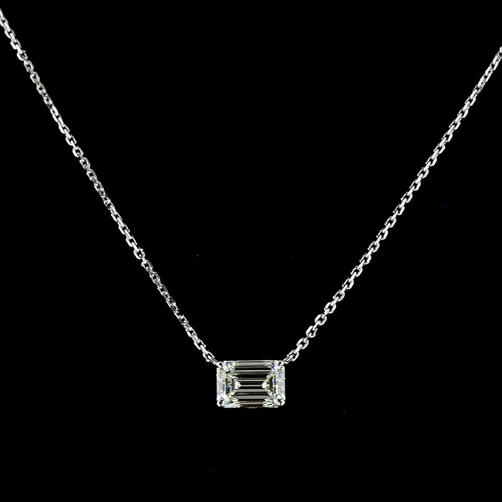 14K White Gold East-West Solitaire Pendant with 1.02 Carat Emerald Cut Lab Diamond - E-F Color, VS1 Clarity - Covaloro Fine Jewelry