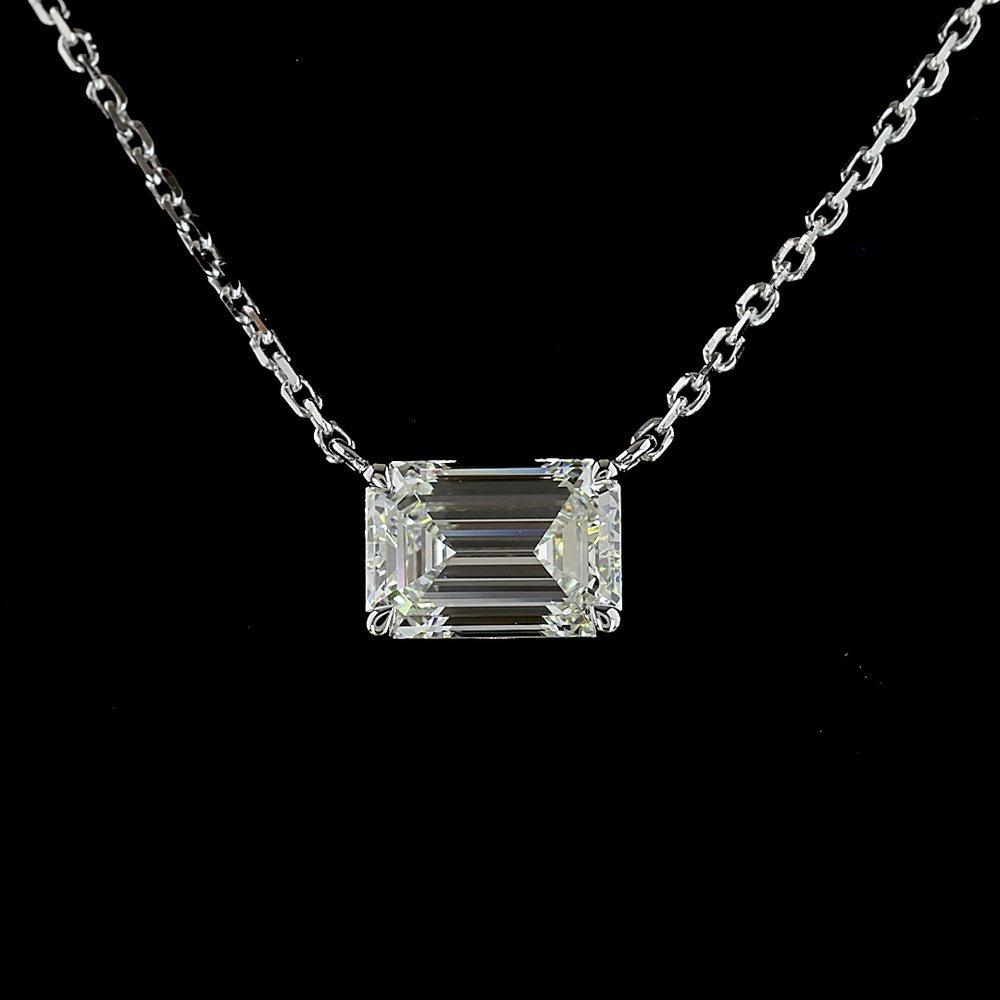 14K White Gold East-West Solitaire Pendant with 1.02 Carat Emerald Cut Lab Diamond - E-F Color, VS1 Clarity - Covaloro Fine Jewelry