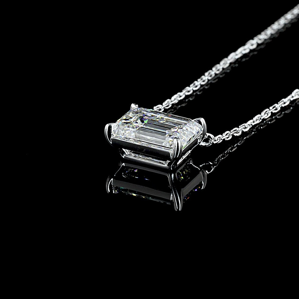 14K White Gold East-West Solitaire Pendant with 2.02 Carat Emerald Cut Lab Diamond - E Color VS1 Clarity IGI Certified - Covaloro Fine Jewelry