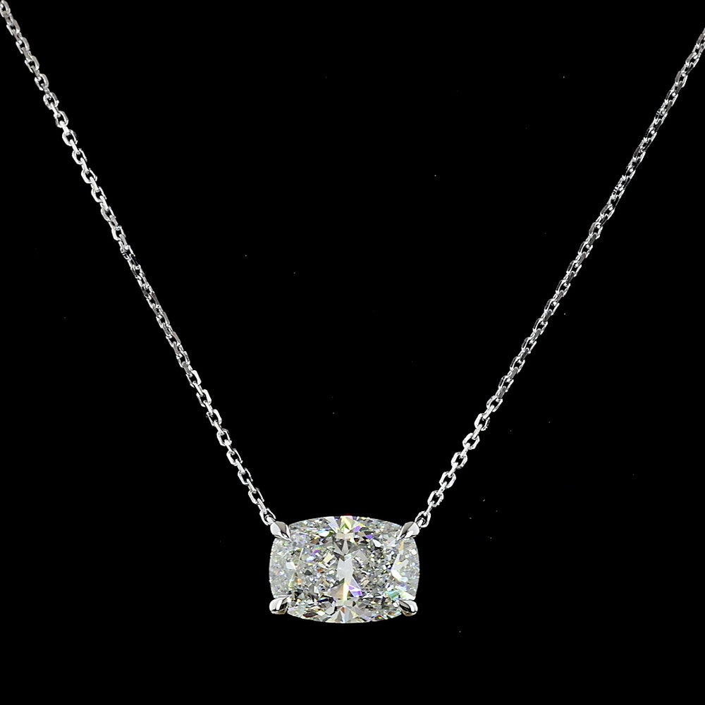 14K White Gold East-West Solitaire Pendant with 3.05 Carat Cushion Brilliant Cut Lab Diamond - IGI Certified E-F VVS2 - Covaloro Fine Jewelry