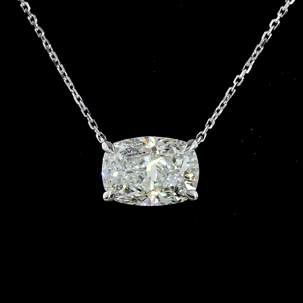 14K White Gold East-West Solitaire Pendant with 3.05 Carat Cushion Brilliant Cut Lab Diamond - IGI Certified E-F VVS2 - Covaloro Fine Jewelry