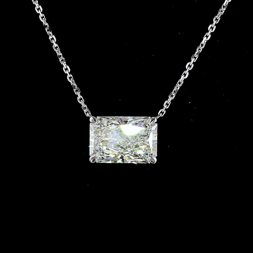 14K White Gold East-West Solitaire Pendant with 3.15 Carat Radiant Cut IGI Certified Lab Diamond - E-F Color VVS2 Clarity - Covaloro Fine Jewelry