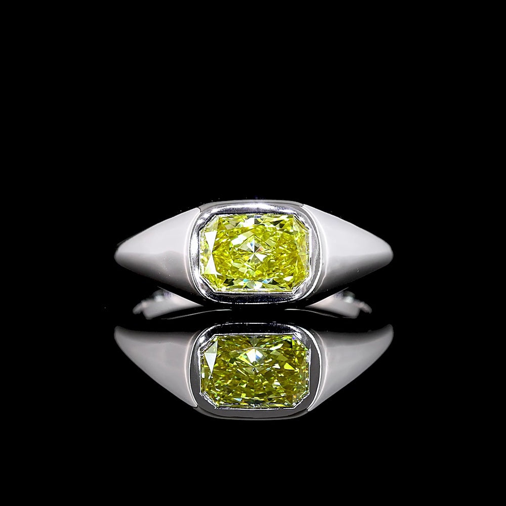 14K White Gold East-West Solitaire Ring with 0.82 Carat Radiant Cut Lab Grown Fancy Vivid Yellow Diamond - VS2 Clarity - Covaloro Fine Jewelry