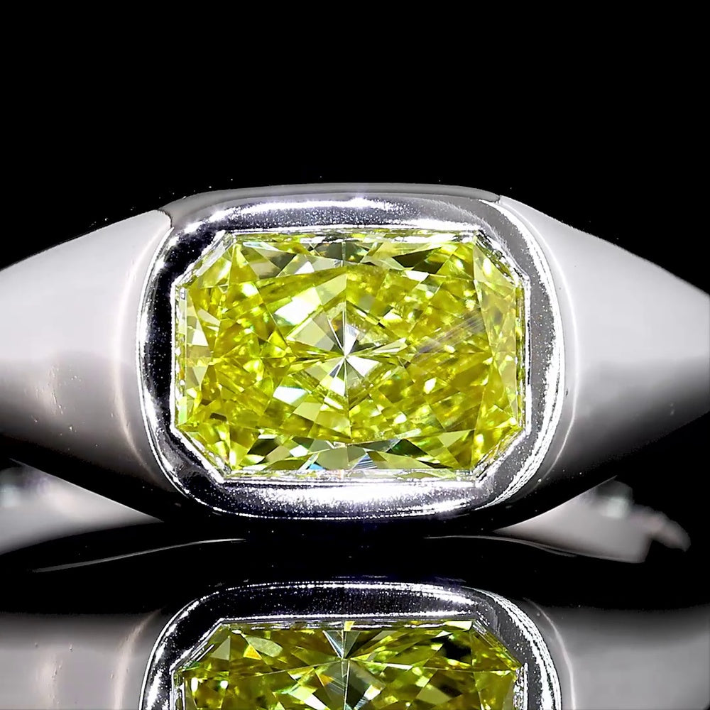 14K White Gold East-West Solitaire Ring with 0.82 Carat Radiant Cut Lab Grown Fancy Vivid Yellow Diamond - VS2 Clarity - Covaloro Fine Jewelry
