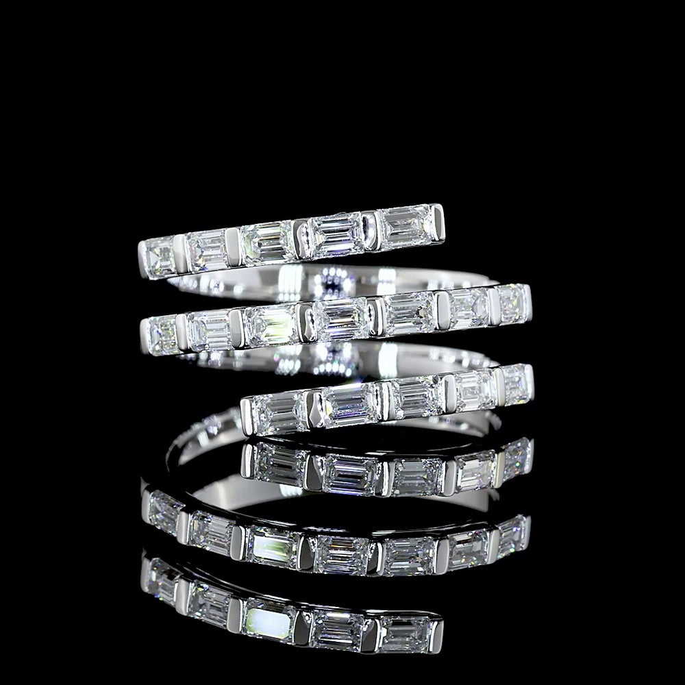 14K White Gold East-West Spiral Ring with Half Bezel Set Emerald Cut Lab Diamonds - 1.02 Carats Total Diamond Weight - Covaloro Fine Jewelry