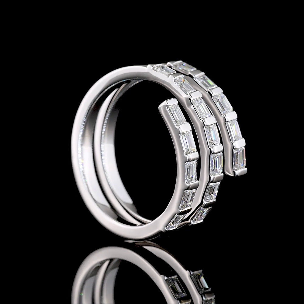14K White Gold East-West Spiral Ring with Half Bezel Set Emerald Cut Lab Diamonds - 1.02 Carats Total Diamond Weight - Covaloro Fine Jewelry