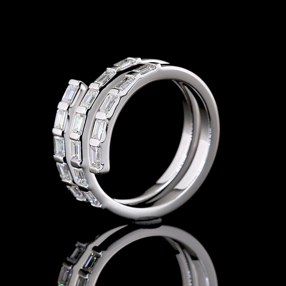 14K White Gold East-West Spiral Ring with Half Bezel Set Emerald Cut Lab Diamonds - 1.02 Carats Total Diamond Weight - Covaloro Fine Jewelry