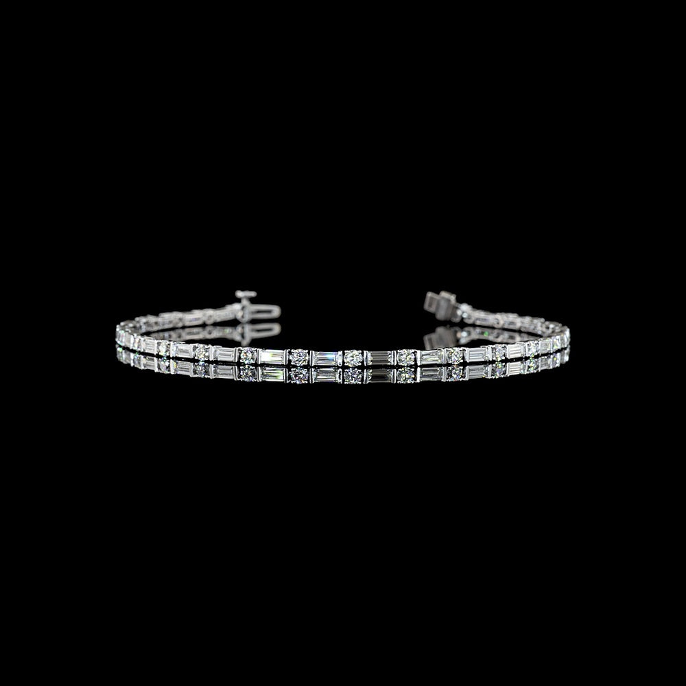14K White Gold East-West Tennis Bracelet with Alternating Baguette and Round Lab Diamonds - 4.08 Carats Total Diamond Weight - Covaloro Fine Jewelry