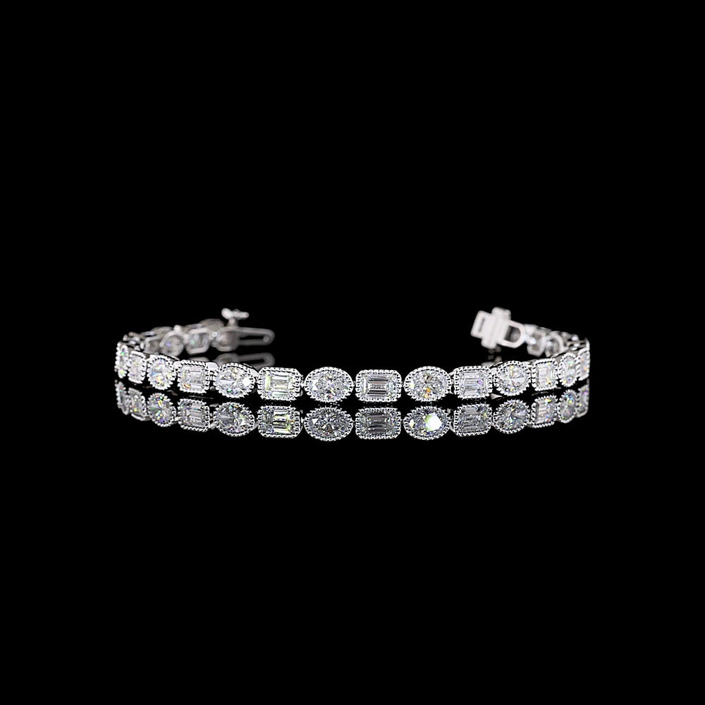 14K White Gold East-West Tennis Bracelet with Alternating Emerald and Oval Cut Lab Diamonds - 6.23 Carats Total Weight - Covaloro Fine Jewelry